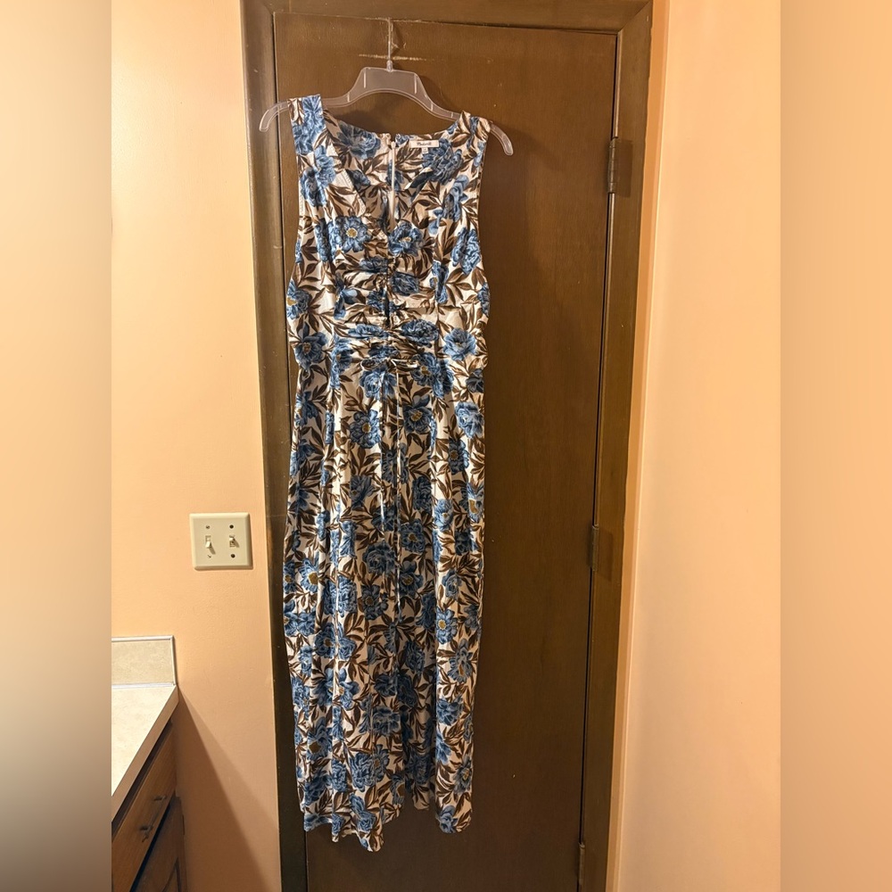 Madewell cutout cream, brown, & blue midi dress - Picture 3 of 9